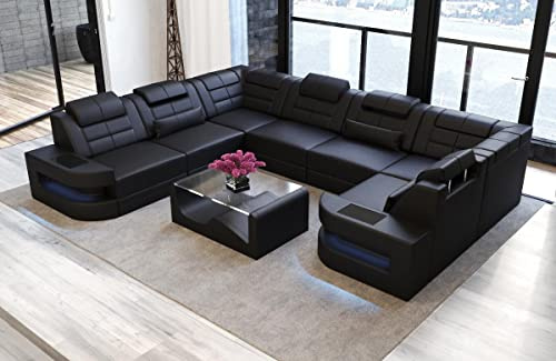 Wohnlandschaft Como U Form Ledersofa (Langer Schenkel links, Black)
