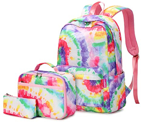 GUDFBALE Cartable Fille Sac d'école Enfant Loisir avec Set Lunch et Trousse Scolaire (Multicolore Tie Dye 3 en 1)