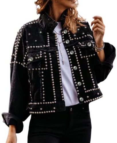 PUWEI Elegante Jeansjacke mit Nieten, weiß, bauchfrei, für Damen, Western-Jeansmantel im Used-Look, Schwarz, XXL