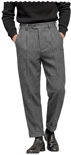 AeoTeokey Pantalones de traje para hombre de tweed en espiga vintage, pantalones elegantes casuales de lana gruesa con pliegues delanteros, gris, 38W / 30L