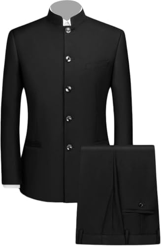 Men 2 Pieces Chinese Tunic Suit Mandarin Collar Blazer Set Button Jacket Pant Set Traditional Uniform Groom Dress (Black,Medium)