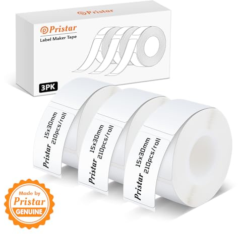 Pristar P15 Labels, 3 Rollen 15*30 mm Selbstklebendes Thermoband Etiketten | Kompatibel mit P15 Etikettendrucker, Geeignet für Zuhause, Büro, Schule, Lagerorganisation, Weiß, 210 Etiketten/Rolle