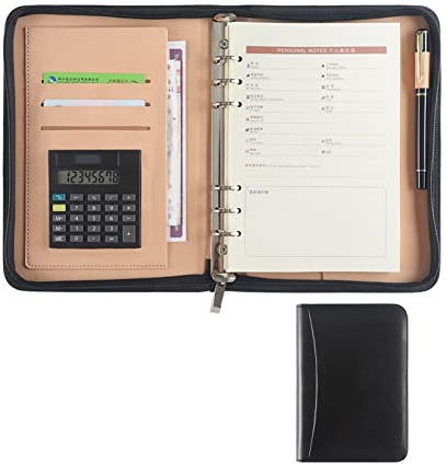 Schreibmappe Konferenzmappe A5 Dokumentenmappe 6 Ringbuch Präsentationsmappe Geschäfts Ordner Leder Businessmappe Mit Reißverschluss Organizer Für Damen Herren (Color : Black)