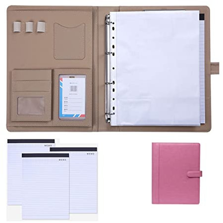 Schreibmappe A4 Konferenzmappe 4 Ringbuch Dokumentenmappe Geschäfts Ordner Leder Businessmappe Aktenmappe Organizer Für Damen Herren Mit 4 Stück Ersatz Notizblöcken 25 Blatt (Color : Pink, Size : No