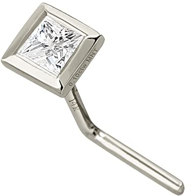 Solid 14kt Gold Bezel Set Princess Cut Moissanite Nose Stud - 22G L Shape Stud - L Bend Nose Ring - April Birthstone Nose Ring Studs, Metal, Moissanite