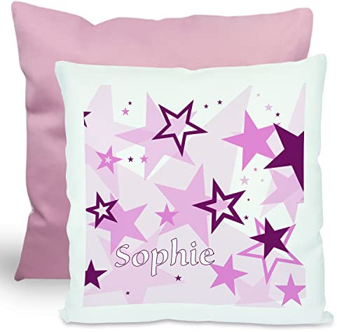CreaDesign, Kinder Kissen 40x40 cm personalisiert mit Namen, Kinderzimmer Deko Kissen Kinder mit Füllung Federn, Motiv Sterne Brombeere, Rückenfarbe Rosa