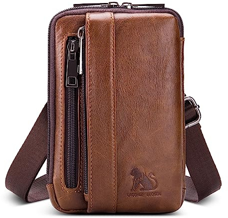 VARLIVOO Retro Bolso Bandolera Hombre Pequeña Cuero Genuino Riñonera Deportiva Bolsos de Hombro Mini Bolso Mensajeror Ligera Bolsa de Cintura para Teléfono Movil Viaje Correr Ciclismo Marrón