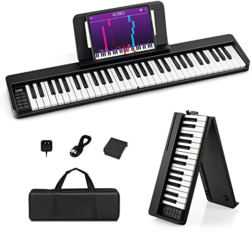 COSTWAY Digital Piano mit 61 Tasten, Elektrtisches Klavier klappbar mit Bluetooth, Notenständer, Pedal & Klaviertasche, E-Piano Klaviertastatur für Erwachsene