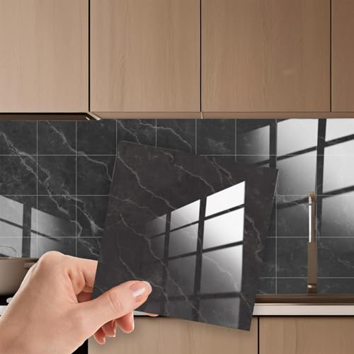 WALPLUS Glossy Ink Black Tile Stickers for Kitchen 15x15cm(6) Removable Self Adhesive Stick on Tiles for Bathroom Peel and Stick Splashbacks Upgrade 24 PCS