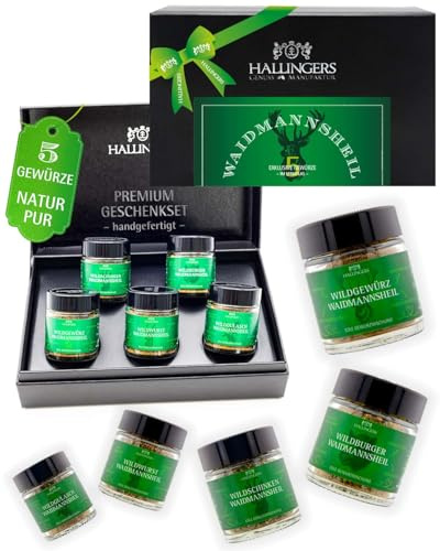 Hallingers Genuss Manufaktur Gewürz Jäger-Geschenk-Set - 5 Gewürze aus aller Welt in wertiger Geschenkbox mit Rezept-Booklet Waidmannsheil, Jagd-Geschenkidee für Jäger