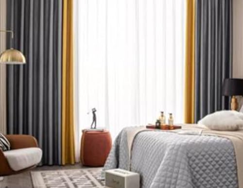 Whoiy Jugendzimmer Vorhänge Grau und Gelb Jacquard mit Ösen 214 cm Länge, Einfarbiges Patchwork Blickdicht Gardiene Vorhang Chenille Verdunkelungsvorhang für Schlafzimmer Wohnzimmer, 214x86 cm