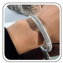 Xduargs Punk Bangle Bracelet Vintage Stretch Bangle Bracelet Gothic Flexible Wide Wristband Bracelets Chunky Thick Bangle Stretch Bracelet Stackable Round Bracelets Bangle Jewelry（Silver）