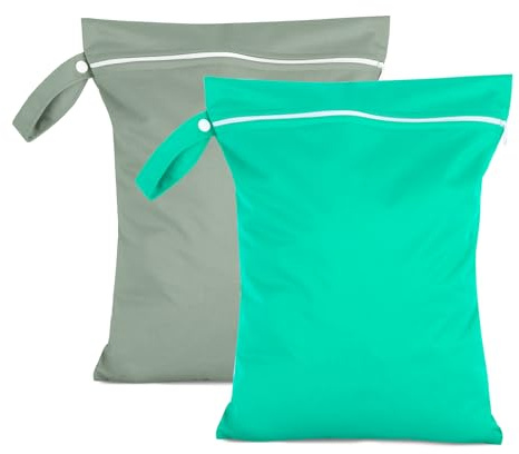 Moorle 2 Stück Nassbeutel Grau & Grün, Wasserdichter Wäschesack 40 x 30 cm, Wiederverwendbarer Nasssack mit Reißverschluss, Klein Reise Wäschesäcke für Badeanzüge, Strandtücher, Sportbekleidung
