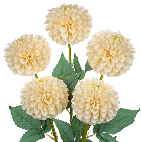 Hollyone 5 Stück Künstliche Dahlien Beige Kunstblumen Zweige Frühling, Dahlie Blumenarrangement Biegbar Gefälschte Blume Seidenblume für Vase Tischdeko Hochzeit Heimdekoration