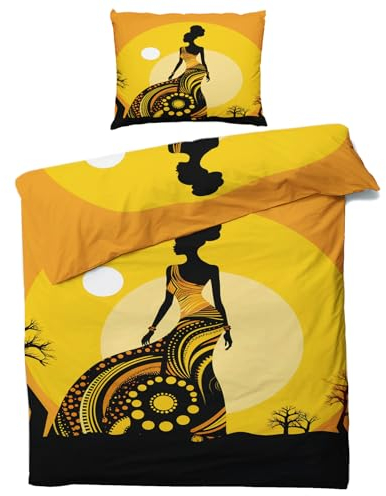 Afrikanische Frau Bettwäsche 135x200 Sommer - Afrika Bettbezug 135 x 200 2er Set, Weiche & Angenehme Mikrofaser Bettbezüge & Kissenbezug 80x80, Bettwäsche-Sets mit Reißverschluss Q@-224