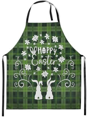 Loussiesd Glückliche Ostern Kochschürze für Köche Kochen Nettes Kaninchen Druck Kochschürze für Jugendliche Grünes Plaid Schürze Lustige Eagg und Blume Kochen Küche Wasserdicht Küchenschürze