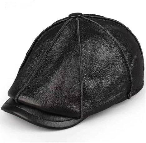 Retro Achteckige Echtes Leder Hut Herbst männer Rindsleder Baskenmütze Student Zunge Kappe Snapback Caps for Männer(Svart,XL)