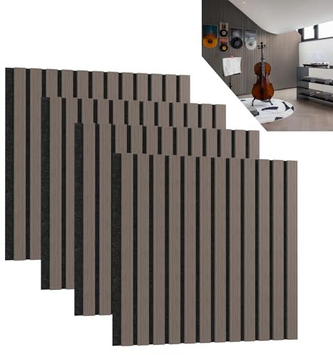 ACXIN 4er Set Akustikpaneele Holz 3D Holzpaneele Wand Eiche Echtholz-Furnier auf Akustik-Filz 60 x 60 cm Lamellenwand Wandpaneele Wandverkleidung Akustikplatten für Flur Wohnzimmer Büro, Braun