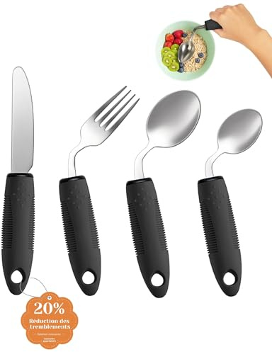 CuraVita - Set de Utensilios Adaptativos (4 Piezas) - Cubiertos Pesados de 3 oz y 42° de Inclinación para Parkinson, Temblores en las Manos y Artritis (Para Zurdo)