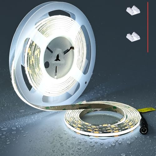 TOPAI LED-tejp COB 12 V, kall vit, 6 000K, vattentät, IP65, PCB, svart, 5 meter, 480 LED/M, 4 000 Lm CRI>90, självhäftande, tillskärbar för kök, skåpbelysning, vardagsrum, utomhus