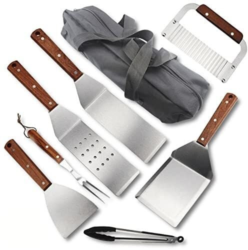 Set di 8 Utensili per Barbecue da Esterno, Accessori per Barbecue in Acciaio Inossidabile con Manici Resistenti al Calore, per Campeggio e Viaggi