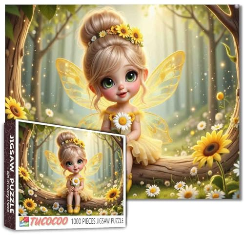 Yellow Bee Fairy Girl Puzzle de 1000 pièces pour adultes - Peinture fantastique - Jeu de puzzle - Fée de la forêt enchantée - Décoration murale - Bricolage - Puzzle de salle de bain - Art pour