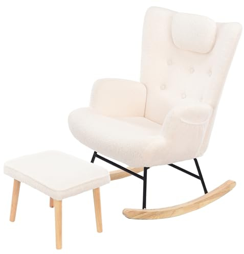 jeerbly Schaukelstuhl, Teddy Gepolstert Rocker mit Hocker und Kissen, Relaxstuhl Schaukelsessel für Wohnzimmer, Schlafzimmer,Sessel Stuhl 64x96x85cm,130 kg Belastbar (Stil F- Beige)