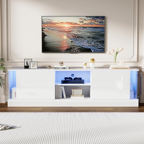 Jaxenor meuble et tv bas brillant de 160 cm avec rangement LED et 2 portes d'armoire - Meuble TV moderne avec compartiment ouvert - Salon