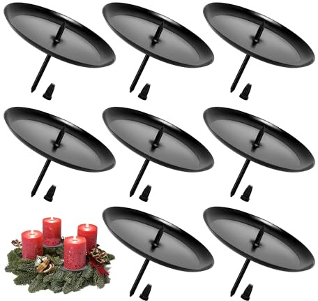 Chuner 8 Stück Kerzenhalter Adventskranz, Ø 6cm Kerzenhalter Stumpenkerzen Metall mit Dorn, Schwarz Adventskerzenhalter für DIY Adventskranz Deko, Advent Deko Stumpenkerzenhalter, Kerzenteller