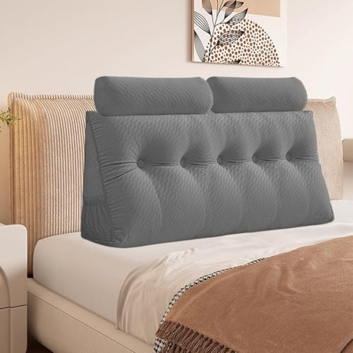 Dreieckiges Kopfkissen Keil Kissen mit Rollkissen, abnehmbare Abdeckung Kopfkissen Tagesbett Etagenbett, Rückenlehne Positionierung Unterstützung Kissen Ruhe Lesen Entspannend (Grau, 150*20*50cm)