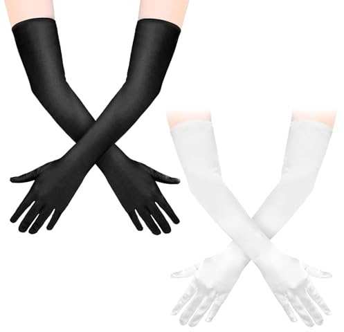 ZPLASK 2 Pair Long Black Gloves, Long White Gloves, Fashion Classic Costume for Women, Aesthetics White Satin Gloves for Costume Evening Opera Bridal Party Wedding Prom