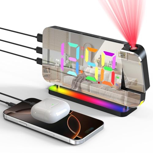 Lomffy Alarm Clock Radio with 180° Projector, 7.1 Projection Alarm Clock Digital FM Radio Clock with 11-Color Display, 10-Color Night Light, Dual Charge Port, Adjustable Brightness,12/24H, Snooze