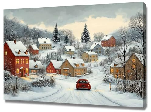 TODOAA Winter Leinwanddruck Bilder Winterhüttenbaum-Szene Moderne Wandbilder Kunstdruck Wand Dekoration - für Wohnzimmer Schlafzimmer Home Büro Esszimmer(Weiß 50)-40x60cm Gerahmt