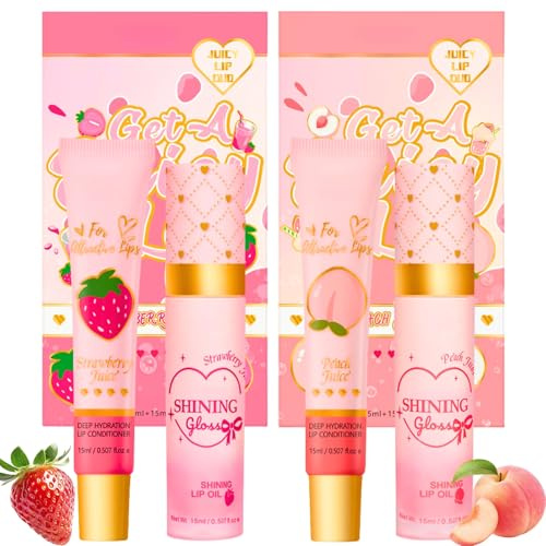 4PCS Lip Conditioner & Lip Oil Set for Dry and Chapped Lips,Moisturizing Lip Care Duo Gifts,Hydrating Lip Gloss Balm with Nourishing Oil,Natural Lip Repair,Strawberry+Peach