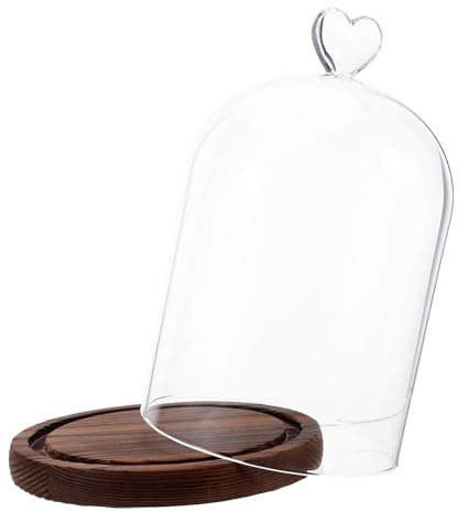DECOMELODY Campana de Vidrio Transparente con Base de Madera Rústica y Pomo Corazón Cúpula Decorativa para Exhibir Flores Preservadas Protección contra Polvo para Decoración Navideña y