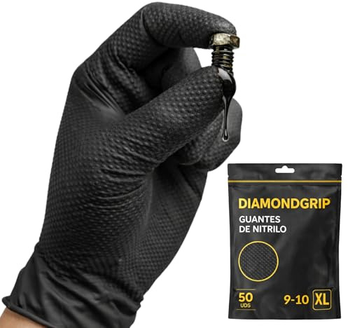 AFA Prime Gants jetables en nitrile noir – Professionnels jusqu'à 10,4 grams Triple résistance | Double diamant même avec huile | Gants de travail pour atelier, industrie, nettoyage (50, Negro, XL)