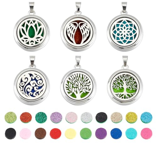 PH PandaHall 6 ciondoli diffusore di oli essenziali, 6 ciondoli a forma di albero della vita, in acciaio inox, per aromaterapia, gioielli, con 20 cuscinetti di ricarica, per donne, mamme, regali