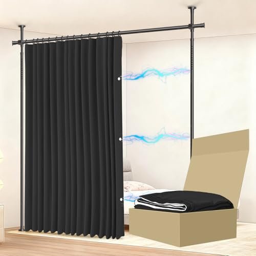 JILRON Set completo de cortina divisoria de espacio, ideal para alquileres, oficinas temporales y apartamentos (1 cortina negra: A 213 x An 270 cm, barra: A 109-305 x An 89-254 cm)