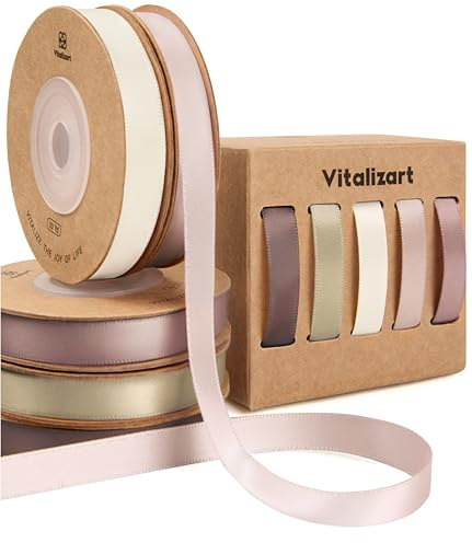 Vitalizart Brun och rosa serie satinband för hantverk, 0,95 cm x 45,7 m (5 rullar x 9,14 m), dubbelsidigt tygband för presentförpackning, brudbukett, festdekoration