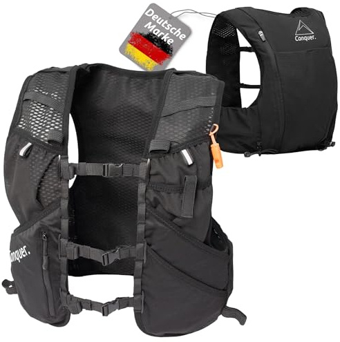 Conquer Laufweste 5L Herren & Damen – Ultraleichte Trinkweste Trailrunning & Joggen | Trinkrucksack mit Soft Flask Fächern, Trinkblasen-kompatibel & Handytasche | Running Vest Marathon