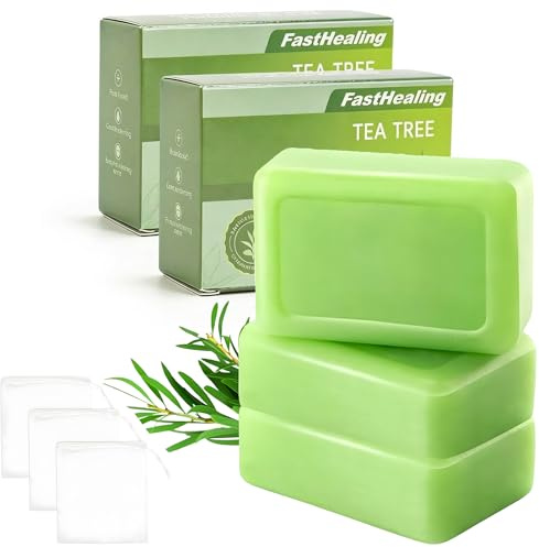 Lot de 3 savons à l'huile d'arbre à thé – Savon purifiant visage et corps pour le nettoyage quotidien, nettoyage en profondeur, parfum frais, avec filets moussants