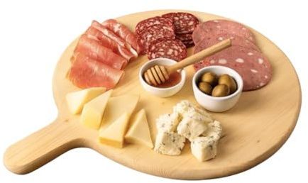 Tagliere Rotondo con Manico, 100% Legno Abete, Tagliere Pizza e Aperitivo, Vassoio in Legno per Antipasti, Diametro 30 o 40 cm, Made in Italy (Set 10 pezzi da 30cm)