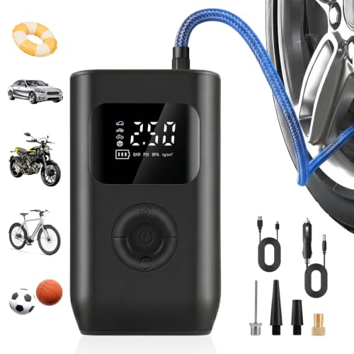Journeyside Gonfleur Pneus Voiture, 150PSI Compresseur à Air Sans Fil Portatif,Gonfleur Pneus Voiture Electrique avec Lumière LED,Pompe a Velo pour Voiture/Moto/Bicyclette