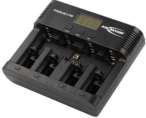ANSMANN Universal Powerline 5 Pro AA AAA C D & 9 V Akku-Ladegerät für NiMh NiCd wiederaufladbare Batterien mit UK-, EU-, US- und AU-Stecker und LCD-Display, Schnellladegerät zum Laden und Entladen