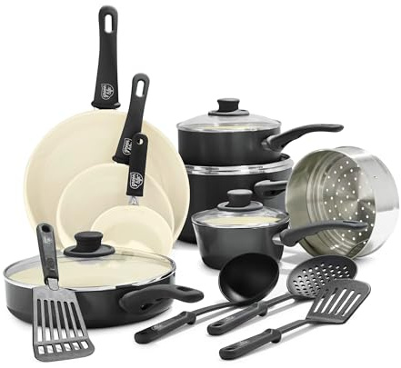 GreenLife Soft Grip Batteria di Pentole 16 Pezzi, Rivestimento Antiaderente senza PFAS, Padella 12/18/24 cm,Casseruola con Coperchi, Pentola 15/18 cm, Lavabile in Lavastoviglie, Nero e Crema