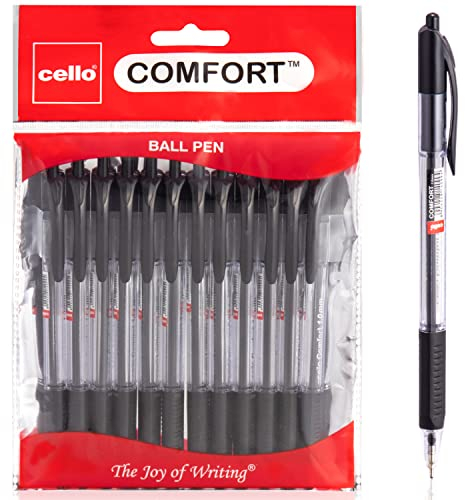 Cello Comfort Ballpoint Pens - Premium Retractable Biro Pens with Ergonomic Grip, Medium Point 1.0mm, Black Ink, Pack of 12 - Ideal for Office, School & Home Writing