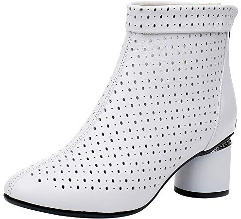 Jamron Femmes Élégant Bloc Talon Bottines Respirant Évidé Été Bottes Chukka Escarpin Blanc SN02542 EU38