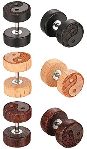 JewelryWe Schmuck Holz Ohrstecker Herren Damen Edelstahl Fake Tunnel Plug Cheater Illusion Barbell Stud Ohrring Set (Ahornblatt/Yin Yang)