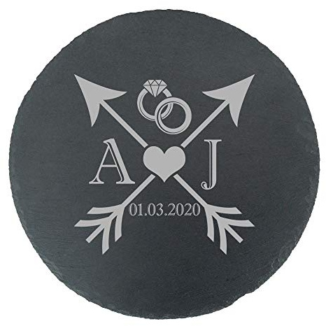 Personalised Engraved Round Slate Cheeseboard with Wedding Design, Personalise with Any Initials and Date, Perfect for Weddings and Anniversaries