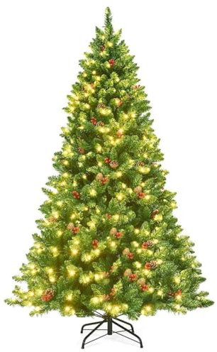 RELAX4LIFE 200 cm Künstlicher Weihnachtsbaum mit Beleuchtung, Tannenbaum mit 450 warmweißen LED-Lichtern & Tannenzapfen & rote Beeren, Schnellaufbau Klappsystem, Christbaum für Zuhause & Büro, Grün